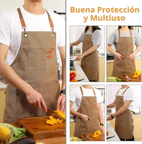 Miniatura 4 de Tosewever - Delantal de lona con espalda cruzada de chef de algodón para hombres y mujeres con bolsillos grandes Cappuccino marrón