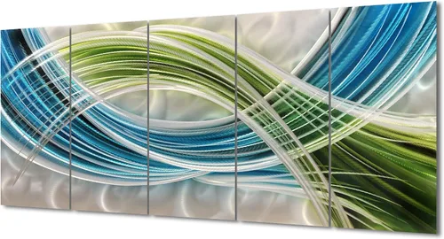 Yihui Arts Arte abstracto de pared de metal, hecho a mano, 5 paneles grandes, grandes, azul, verde azulado, plateado, único, aluminio 3D, moderno,