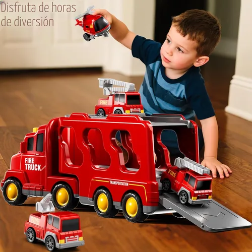 Miniatura 4 de Camiones de Bomberos de Juguete para Niños Pequeños de 1-3, 3-5, Conjunto de Vehículos Transportadores de Carros de Bomberos 5 en 1 para Niñas de 1