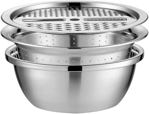 OSALADI Rallador de acero inoxidable 3 en 1, escurridor de verduras, herramienta de cocina multiusos para lavar arroz y cortar verduras, 10.23 x