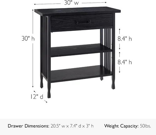 Miniatura 3 de Leick Home Ironcraft Estantería de madera maciza, 1 cajón, 2 estantes, herrajes ennegrecidos, lados de listones, fácil montaje, negro lavado, 12