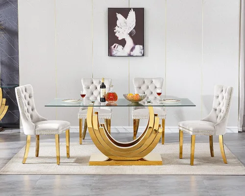 Miniatura 3 de Juego de mesa de comedor de cristal dorado moderno de 70 pulgadas para 4, juego de mesa de comedor rectangular de 5 piezas con tres patas de acero
