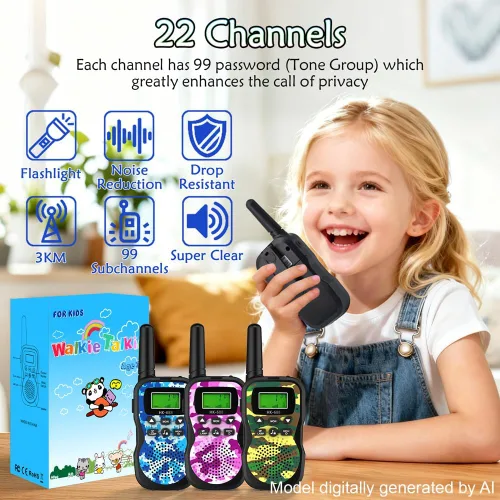 Miniatura 3 de Huaker Walkie Talkies para niños, paquete de 3 unidades de 22 canales de radio de 2 vías con linterna y pantalla LCD, walkie talkies de alcance de 3