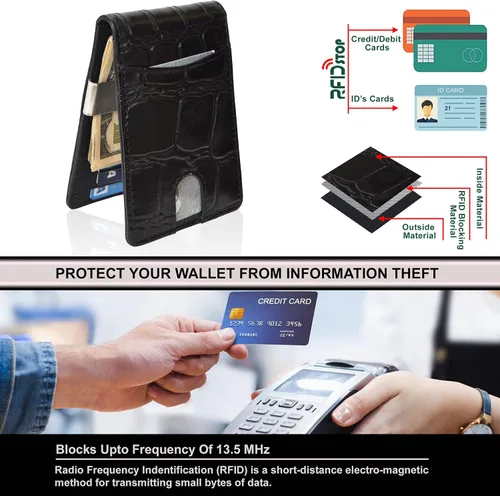 Miniatura 6 de S S SHACHI Cartera de cuero para hombre con bloqueo RFID, bolsillo frontal con 9 ranuras, cuero auténtico de grano completo, tarjetero múltiple