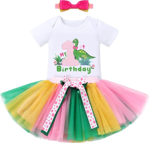IBTOM CASTLE Conjunto de fiesta temática de dinosaurio para niñas de primer cumpleaños de princesa + falda tutú + diadema sesión de fotos