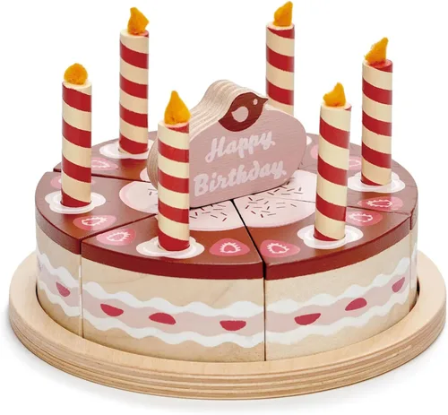 Tender Leaf Toys - Pastel de cumpleaños de chocolate - Juguete de comida con velas y plato, decoración de fiesta de cumpleaños o regalo para niños -