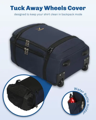 Miniatura 4 de Hynes Eagle Mochila rodante de 42 L con ruedas, mochila de viaje aprobada para vuelos, equipaje de mano, mochila de equipaje, Azul oscuro, Mochilas