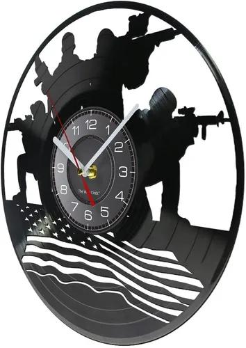 Miniatura 3 de Reloj de pared militar de diseño patriótico de 12 pulgadas, funciona con pilas, con bandera estadounidense, disco de vinilo decorativo, regalo Sin