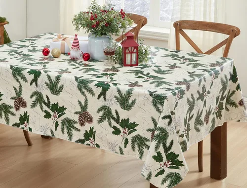 Newbridge Joyful Holly - Mantel de vinilo rústico de Navidad con reverso de franela, funda de mesa de comedor de vacaciones, acebo de invierno y