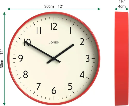 Miniatura 3 de JONES CLOCKS® Reloj de pared de estudio Estilo redondo moderno 12 pulgadas Rojo Números fáciles de leer Diseño versátil para cocina, sala