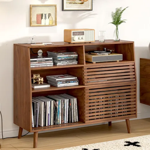Miniatura 4 de Jluomei Soporte grande para tocadiscos, soporte para tocadiscos de mediados de siglo con puertas y estación de carga, mesa para tocadiscos