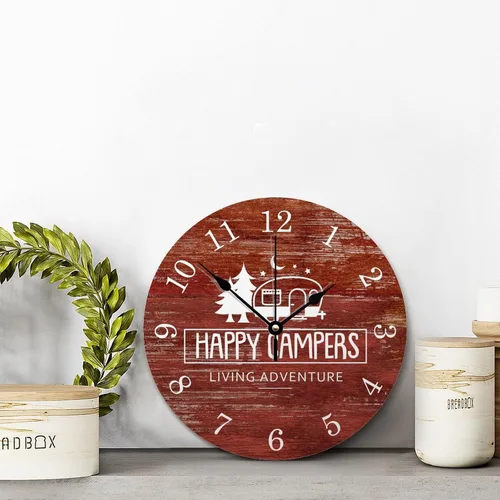 Miniatura 2 de ArogGeld Reloj de pared para campistas, casa rodante, Happy Camping, color rojo, rústico, estilo granero, de 10 pulgadas, silencioso, redondo