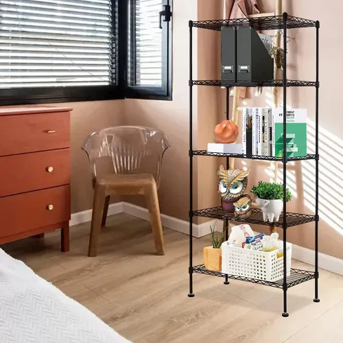 Miniatura 3 de Estantería de acero al carbono de 5 niveles, organizador de cocina con 6 ganchos, estantería clásica de alambre, estante de almacenamiento multiusos