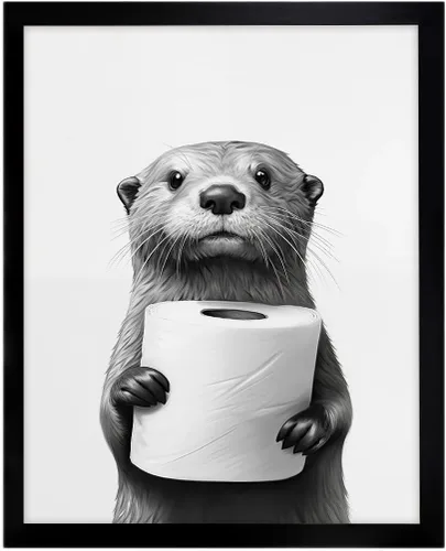 Arte de pared enmarcado para baño, arte de pared divertido para decoración de baño, impresiones artísticas de animales de foca sosteniendo pañuelo,