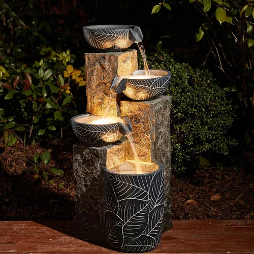 Miniatura 21 de Glitzhome Fuente de agua para exteriores con luz LED y bomba, moderna fuente de poliresina de 5 niveles y esfera para exteriores, fuente de cascada