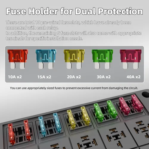 Miniatura 4 de DaierTek Caja de Relés 12V Bloque de Relé de 10 Vías y Panel de Fusibles de Cuchilla ATC/ATO de 10 Vías Caja de Fusibles y Relés Precableada a