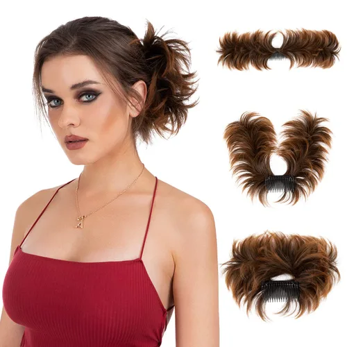 Miniatura 38 de Postizo de Cabello de Moño Despeinado con Peine Lateral Clip en Postizo de Moño para Mujeres Corto Natural Liso Versátil Estilos Ajustables Piezas