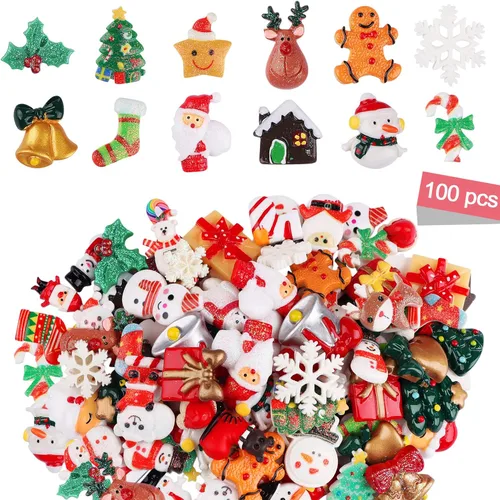 Miniatura 8 de 50 PIEZAS Adornos de Navidad de Limo Kalolary Adornos de Resina de Navidad con Parte Trasera Plana Adornos de Papá Noel, Alce, Árbol de Navidad