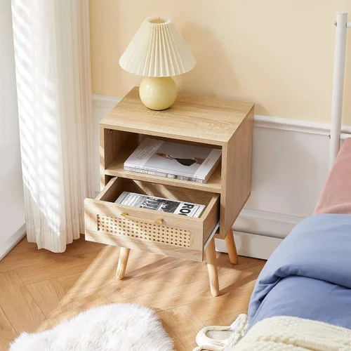 Miniatura 6 de Mesita de noche, mesa auxiliar con cajón decorativo de ratán y patas de madera maciza, mesa decorativa de madera con almacenamiento para dormitorio
