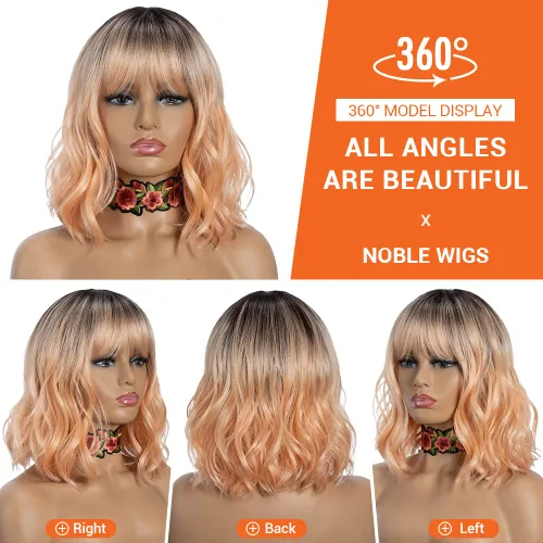 Miniatura 3 de NOBLE Peluca Rosa Naranja para Mujeres Peluca Durazno con Flequillo Pelucas Bob Rizadas Ombré con Flequillo de Aire Pelucas Sintéticas Cortas
