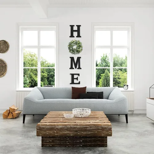 Miniatura 2 de Cartel colgante de madera con letras en inglés «HOME» (Hogar) con corona de eucalipto artificial para la letra «O», decoración de pared estilo Negro