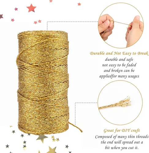 Miniatura 3 de jijAcraft cuerda de oro de 328 pies - hilo de oro metálico de 1.5 mm para envolver regalos sin estiramiento - cordón brillante dorado para envolver