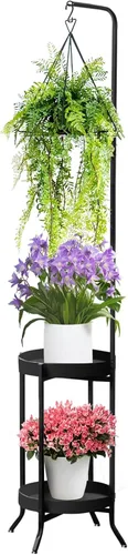 RINBOU Soporte para plantas colgantes para interiores y exteriores, estante esquinero de metal para 3 macetas, 2 niveles de 61 pulgadas de alto,