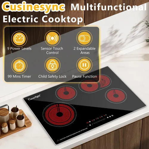 Miniatura 2 de Estufa eléctrica de 30 pulgadas, 4 quemadores de cerámica integrada de 220-240 V, cableada, 7400 W de vidrio radiante con control táctil
