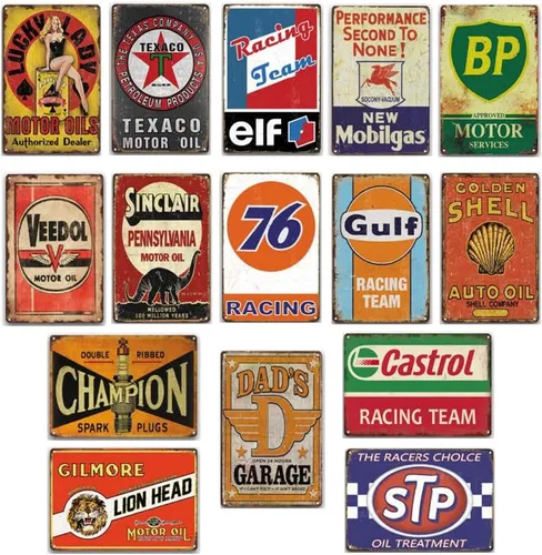 15 letreros retro de gasóleo antiguo, letreros decorativos vintage de metal de estaño para arte de pared, bar, cafetería o garaje, cueva de hombre,