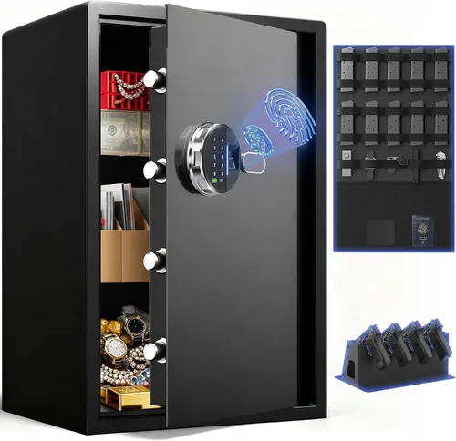 Miniatura 10 de Caja de seguridad biométrica Grimtron - (1.13 pies cúbicos) Caja de seguridad para el hogar con huella dactilar y modo silencioso, teclado