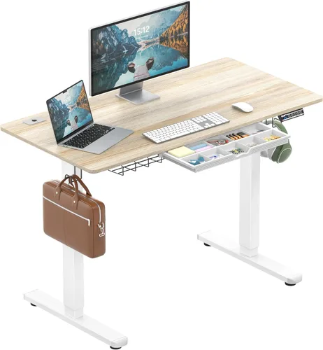 Miniatura 12 de SHW Escritorio eléctrico de pie ajustable de altura de 40 pulgadas con cajón, preajuste de memoria y bandeja de gestión de cables, color marrón