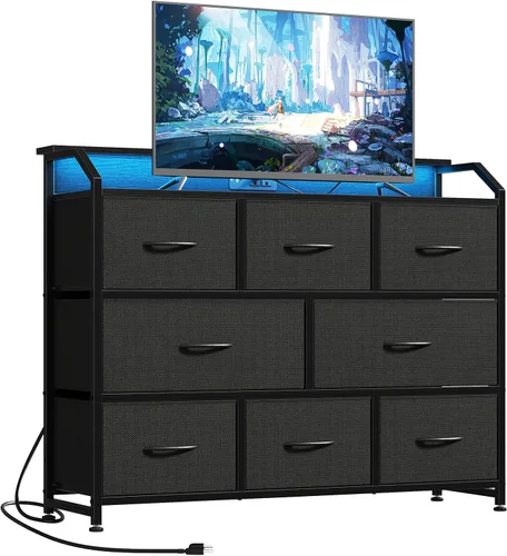 DUMOS - Cómoda para TV con 8 cajones de tela, cómoda, color negro | APP Control LED Lights and Type-C Charging Station, Fabric Storage Tower TV