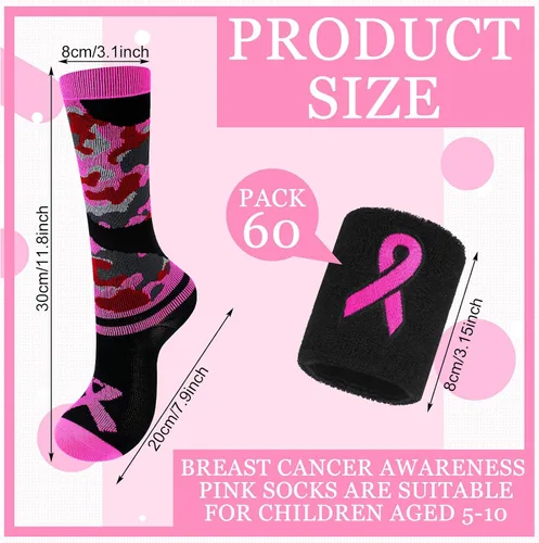 Miniatura 2 de Jiuguva Juego de pulseras y calcetines con cinta rosa para concienciación del cáncer de mama, incluye calcetines deportivos de camuflaje rosa
