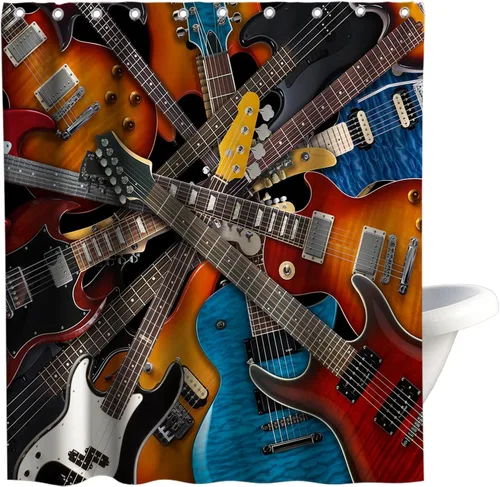 Miniatura 14 de Juego de cortinas de ducha musicales de tela con ojales y ganchos, 36 pulgadas de ancho x 72 pulgadas de alto, color marrón, blanco, azul