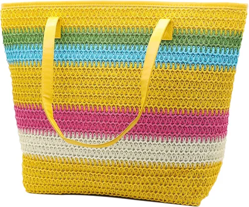 Miniatura 9 de Bolso grande de paja para mujer, tejido de ratán, bolso de playa de verano, a rayas