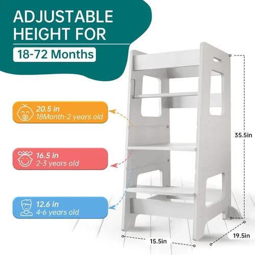 Miniatura 3 de Taburete de cocina WOOD CITY, taburete de cocina para niños pequeños con baranda de seguridad, altura ajustable, torre de aprendizaje para niños