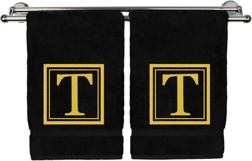 Miniatura 54 de Juego de 2 toallas de mano con monograma, 16 x 30 pulgadas, regalo personalizado, letra blanca bordada con diseño cuadrado sobre toalla negra, extra