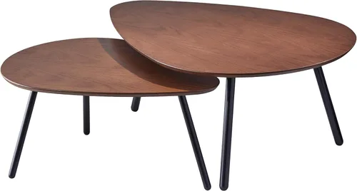 Adesso Juego de dos mesas auxiliares anidables, chapa de roble nogal y patas de metal negro mate, mesas decorativas modernas versátiles para salas
