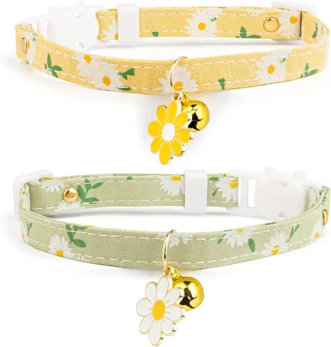 Miniatura 10 de Paquete de 2 Collares Separables de Algodón para Gatos con Campana y Pendientes de Flores Rosas y Moradas Lindo Collar para Gatito Adecuado
