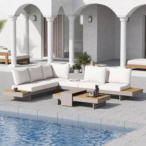 Miniatura 15 de homary Juego de 6 sofás seccionales de aluminio y teca para exteriores con respaldos ajustables, cojines impermeables, ideal para patios y balcones