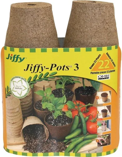 Jiffy Macetas biodegradables orgánicas para plántulas, orificio de drenaje, 3 pulgadas, paquete de 22 unidades, turba Marrón