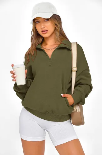 Miniatura 4 de PRETTYGARDEN Sudaderas de gran tamaño con media cremallera para mujer, sudaderas con capucha de forro polar 2025 de manga larga a la moda, tops