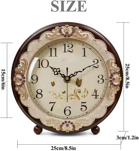 Miniatura 3 de Justup Reloj de mesa vintage, estilo retro europeo sin tictac, reloj de escritorio operado con baterías, movimiento silencioso de cuarzo para Marrón