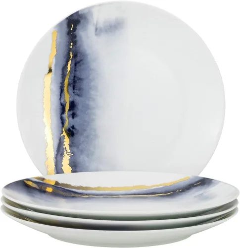 Miniatura 2 de Euro Porcelain Juego de comedor de mármol azul de 16 piezas, vajilla de porcelana fina con servicio de acento de placa de oro de 24 quilates para 4