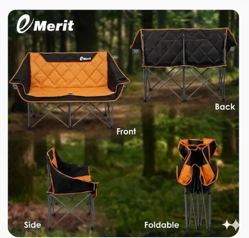 Miniatura 7 de EMERIT Silla de camping doble de gran tamaño, plegable, sofá de dos plazas para 2 personas, sillas de césped resistentes para exteriores con Naranja