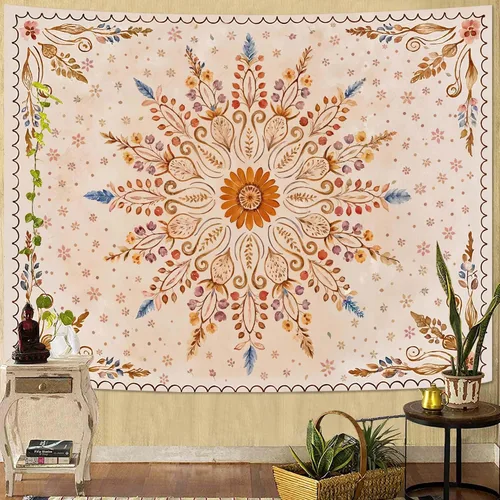 Miniatura 29 de Fowocu Tapiz bohemio con mandala floral para colgar en la pared, medallón de flores bohemias, tapiz estético, beige, naranja, hippie, indio, pequeño