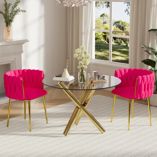 Miniatura 33 de Juego de mesa redonda dorada para 4, juego de mesa de comedor de 39'' con tapa de vidrio transparente, juego de mesa de cocina circular moderna de 5