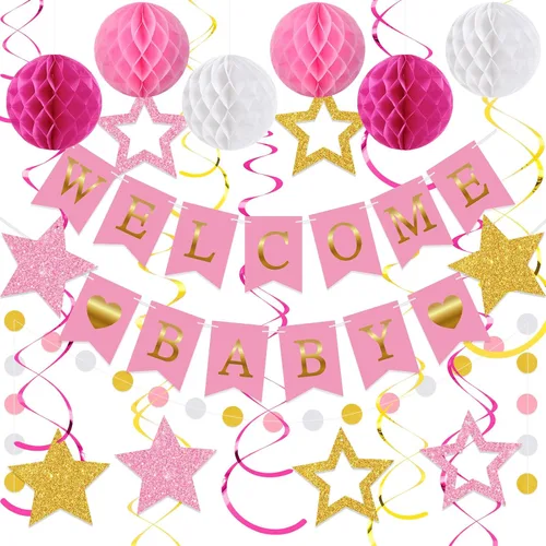 Miniatura 8 de WinnerWhy 25 piezas de decoración de baby shower para niño, pancarta azul de bienvenida para bebé con estrellas con purpurina, remolinos colgantes