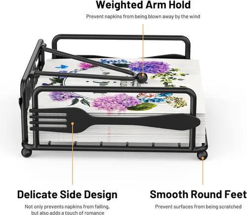 Miniatura 5 de Servilletero para mesa, dispensador de servilletas plano con brazo pesado, soporte cuadrado de papel de cóctel de elegante hierro rústico
