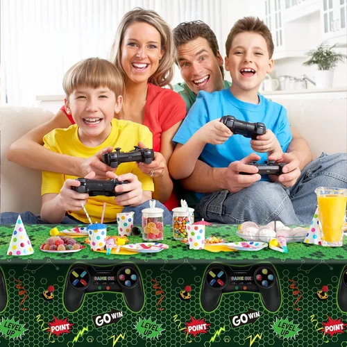 Miniatura 5 de Tatuo 3 fundas de mesa de videojuegos, decoración de cumpleaños temática de juegos, mantel de plástico, suministros de fiesta para niños y niñas